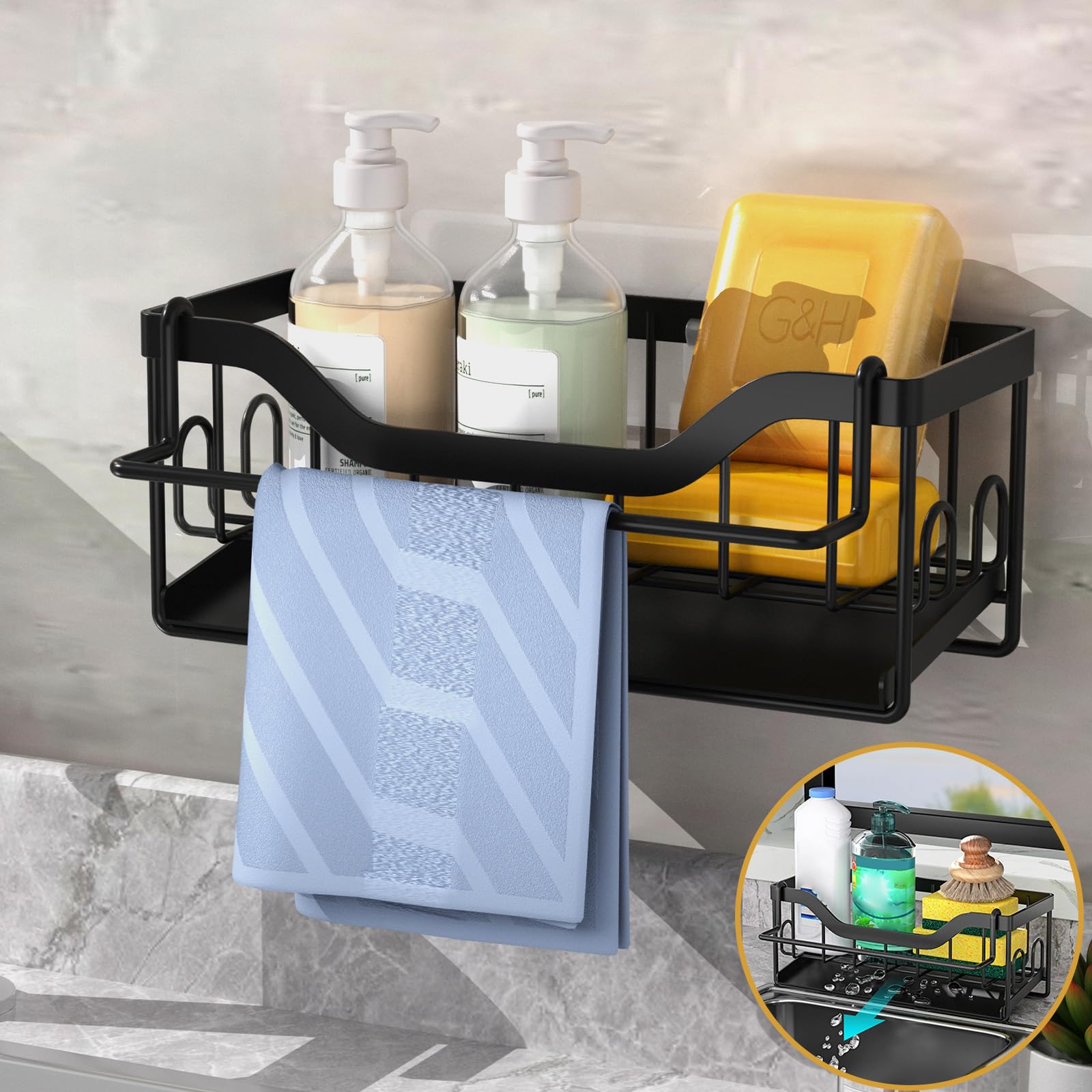 Spülbecken Organizer Schwarz - Küchen Aufbewahrung ohne Bohren mit Handtuch- und Schwammhalter (Schwarz)  
Spülbecken Or